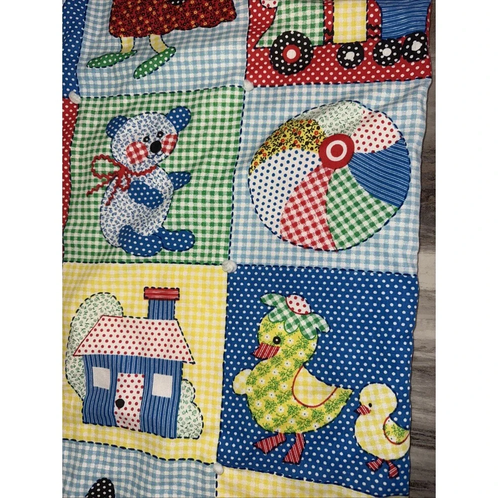 Vintage 70's Baby Child Quilt Blanket Primary Colors Train Kitten Ducks Turtle